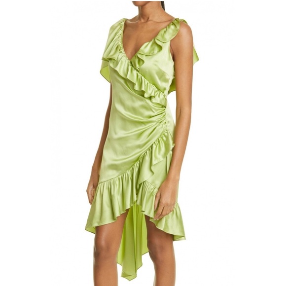 Cinq á Sept Silk Dress Green V-Neck Wrap Midi Asymmetrical Hem Size 8 NWT $545 - Picture 4 of 13